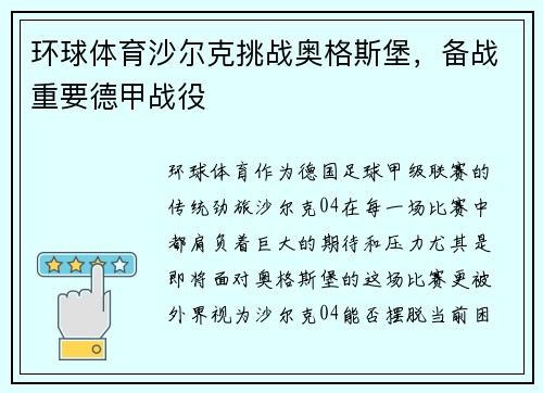 环球体育沙尔克挑战奥格斯堡，备战重要德甲战役